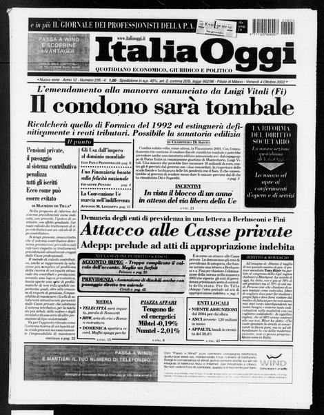 Italia oggi : quotidiano di economia finanza e politica